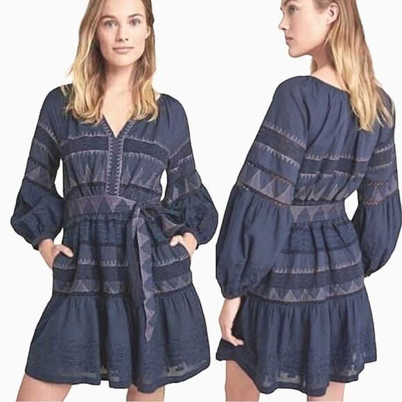 Anthropologie Skye Embroidered Mini in Blue Puff Sleeve Cotton Dress. Si… - Picture 1 of 5